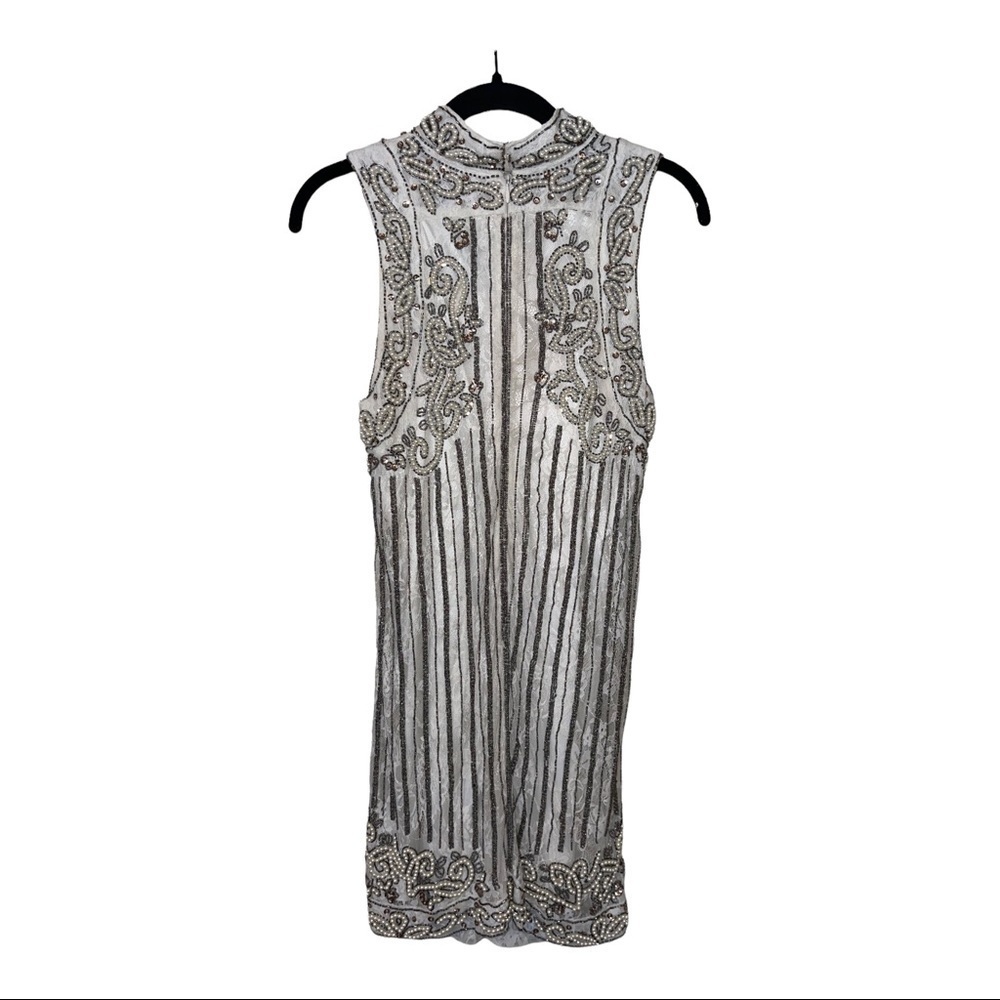 NBD x Revolve Ivory Silver Pearl Beaded High Neck Mini Sheath Dress Small - Picture 12 of 16